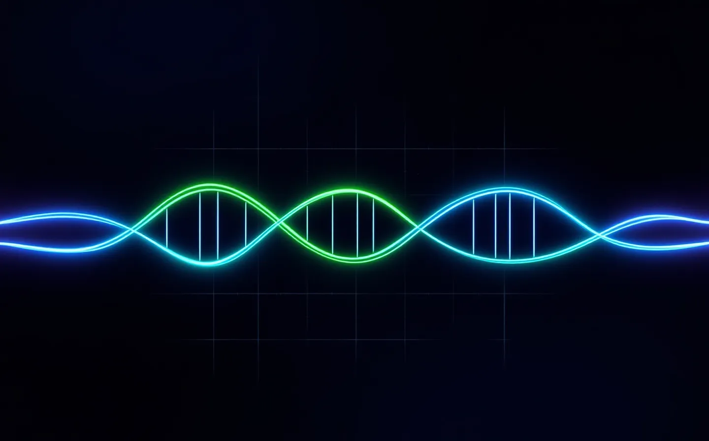 Abstract neon diagram of a peptide chain docking two receptors at once — one lime-green GIP pathway and one cyan GLP-1 pathway glowing on a dark canvas
